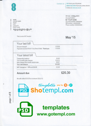 editable template, United Kingdom EE phone utility bill template, fully editable in PSD format