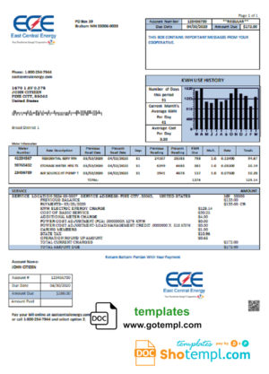 editable template, USA Minnesota East Central Energy utility bill template in Word and PDF (.doc and .pdf) format