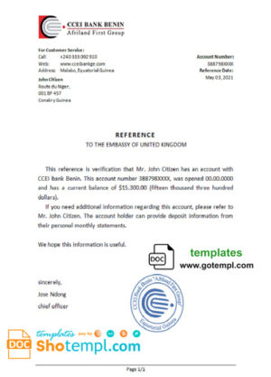 editable template, Equatorial Guinea CCEI Bank Benin bank reference letter template in Word and PDF format