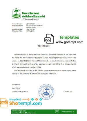editable template, Equatorial Guinea The National Bank bank reference letter template in Word and PDF format