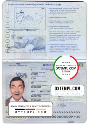 editable template, Estonia passport template in PSD format, fully editable
