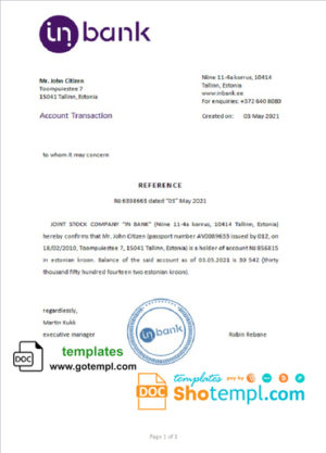 editable template, Estonia Inbank bank account reference letter template in Word and PDF format