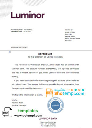 editable template, Estonia Luminor Bank template of bank reference letter, Word and PDF format (.doc and .pdf)