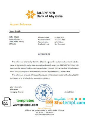 editable template, Ethiopia Bank of Abyssinia bank reference letter, Word and PDF format (.doc and .pdf)