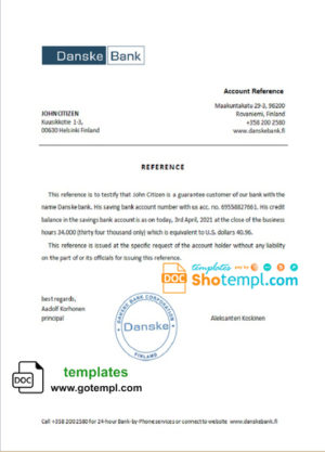 editable template, Finland Danske bank reference letter template in Word and PDF format