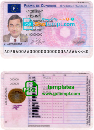 editable template, France driving license template in PSD format