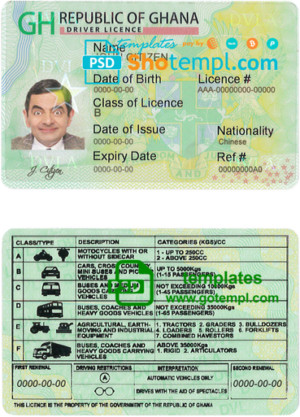 editable template, Ghana driving license template in PSD format, fully editable, with all fonts