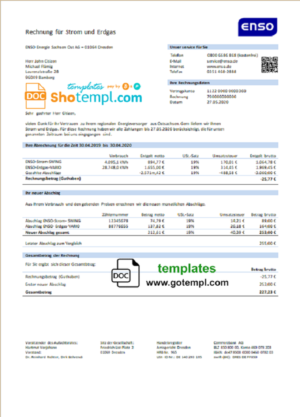 editable template, Germany ENSO rechnung für strom und erdgas utility bill template in Word and PDF format
