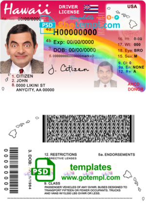 editable template, Hawaii driving license template in PSD format