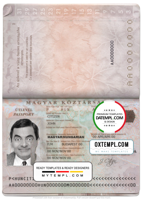 editable template, Hungary passport template in PSD format