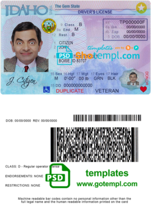 editable template, USA Idaho driver license template in PSD format