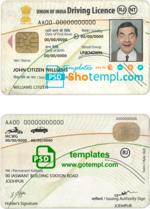 editable template, India driving license template in PSD format, fully editable, with all fonts