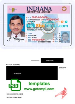 editable template, USA Indiana driving (operator) license template in PSD format