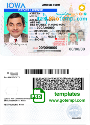 editable template, USA Iowa driving license template in PSD format