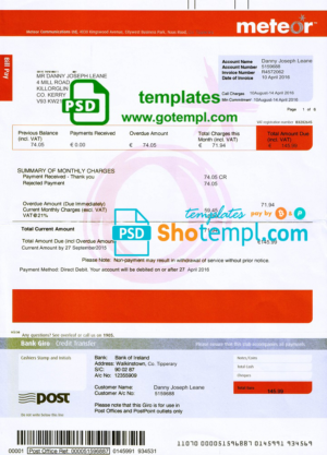 editable template, Ireland Meteor utility bill template fully editable in PSD format