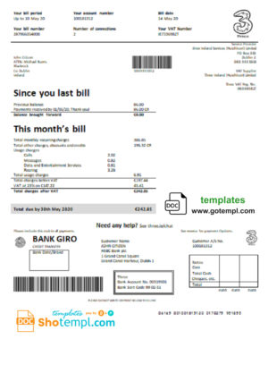 editable template, Ireland Three.ie utility bill template in Word and PDF format