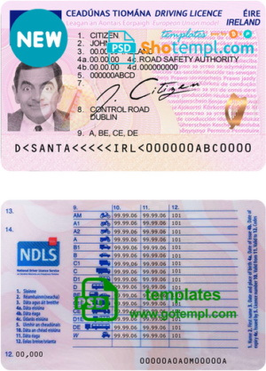 editable template, Ireland driving license template in PSD format, fully editable, with all fonts