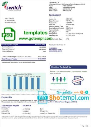 editable template, Singapore Iswitch energy utility bill template, fully editable in PSD format
