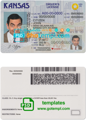 editable template, USA Kansas driving license template in PSD format