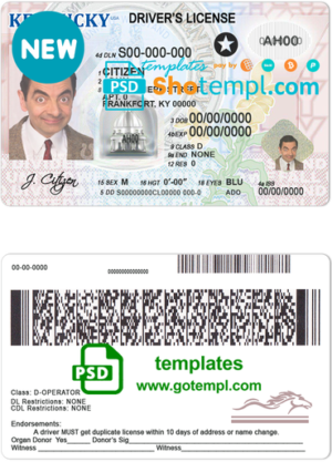 editable template, USA Kentucky driving license template in PSD format