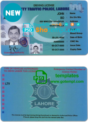 editable template, Pakistan City Traffic Police Lahore driver license template in PSD format, with all fonts, fully editable