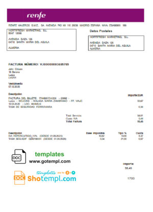 editable template, Latvia Renfe utility bill template in Word and PDF format