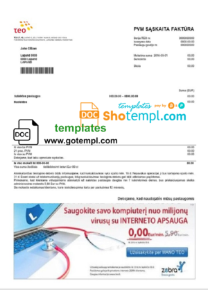 editable template, Lithuania Teo utility bill template in Word and PDF format (.doc and .pdf)