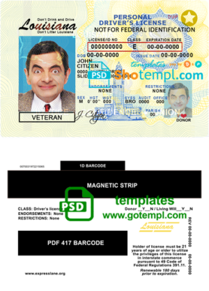 editable template, USA Louisiana driving license template in PSD format
