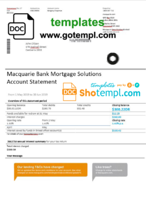 editable template, Australia Macquaire proof of address bank statement template in Word and PDF format (.doc and .pdf)
