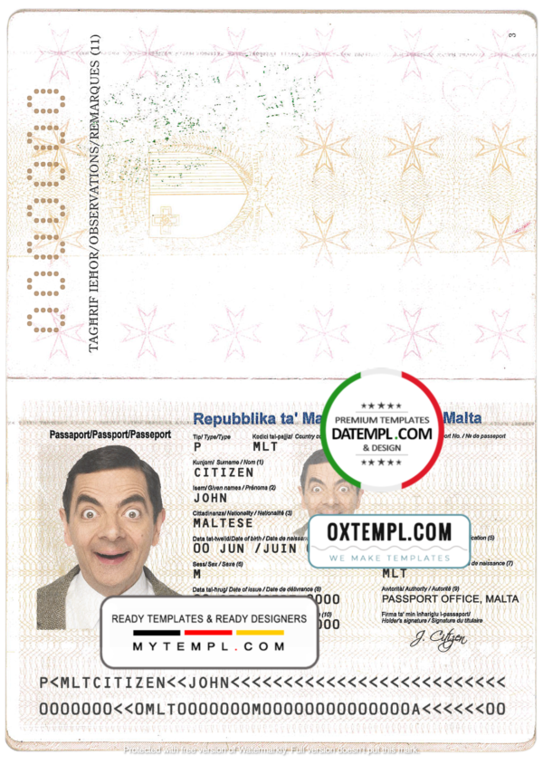 editable template, Malta passport template in PSD format