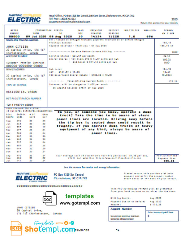 editable template, Canada Maritime Electric utility bill template in Word and PDF format