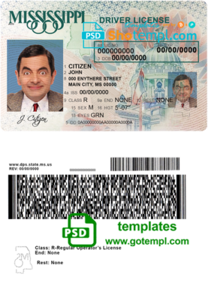editable template, USA Mississippi driving license template in PSD format