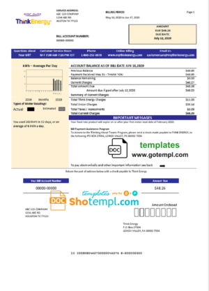 editable template, USA Think Energy utility bill template in Word and PDF format
