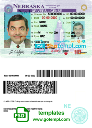 editable template, USA Nebraska driving license template in PSD format