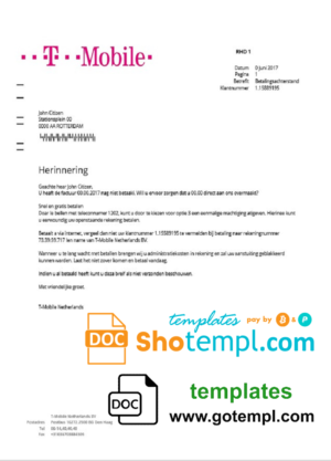 editable template, Netherlands T-Mobile utility bill template in Word and PDF format