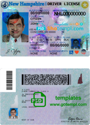 editable template, USA New Hampshire driving license template in PSD format