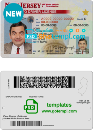 editable template, USA New Jersey driving license template in PSD format, with the fonts