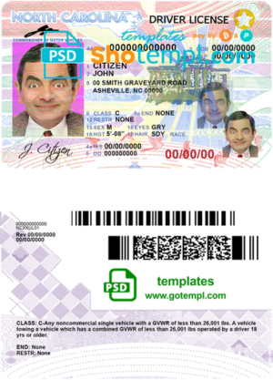 editable template, USA North Carolina driving license template in PSD format