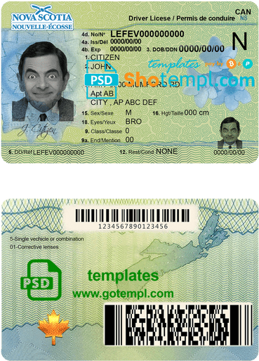 editable template, Canada Nova Scotia driving license template in PSD format, fully editable