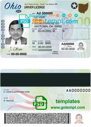 editable template, USA Ohio state driving license template in PSD format