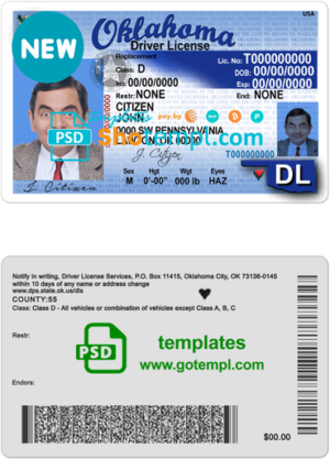 editable template, USA Oklahoma driving license template in PSD format