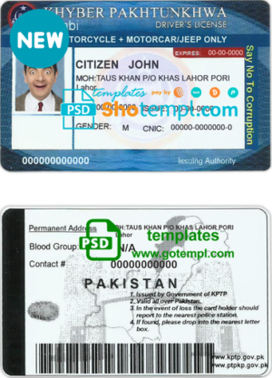 editable template, Pakistan driver license template in PSD format, with all fonts, fully editable