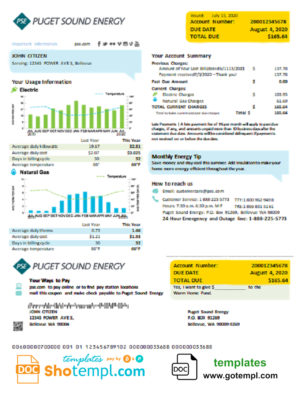 editable template, USA Washington Puget Sound Energy utility bill template in Word and PDF format