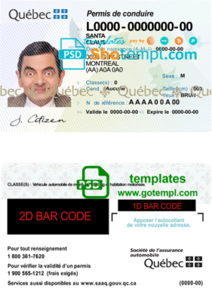 editable template, Canada Quebec driving license template in PSD format