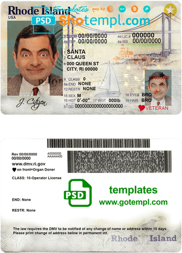 editable template, USA Rhode Island state driving license template in PSD format