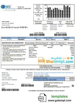 editable template, USA South Carolina Santee Electric Cooperative (SEC) proof of address utility bill template in Word and PDF format