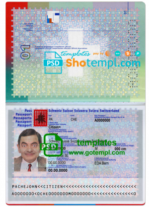editable template, Switzerland passport template in PSD format, fully editable, with all fonts