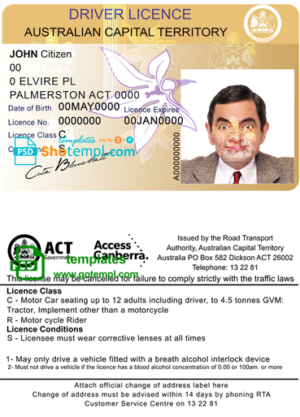 editable template, Australia Capital state driving license template in PSD format, fully editable, with all fonts