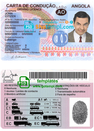 editable template, Angola driving license template in PSD format, fully editable, with all fonts