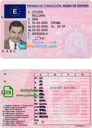 editable template, Spain driving license template in PSD format